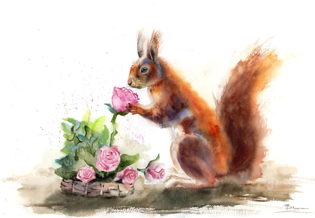 Original watercolor painting of a squirrel among roses