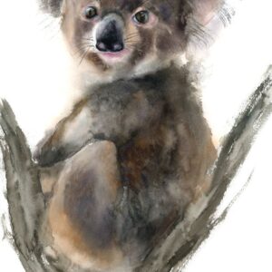 Original koala watercolor painting showing a curious koala perched among tree branches